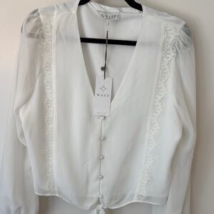 WAYF White Lace-Trim V-Neck Button-Front Blouse